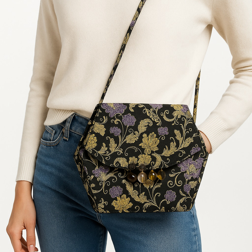 Vintage Brocade Paisley Crossbody Bag Black Gold Purple Beaded
